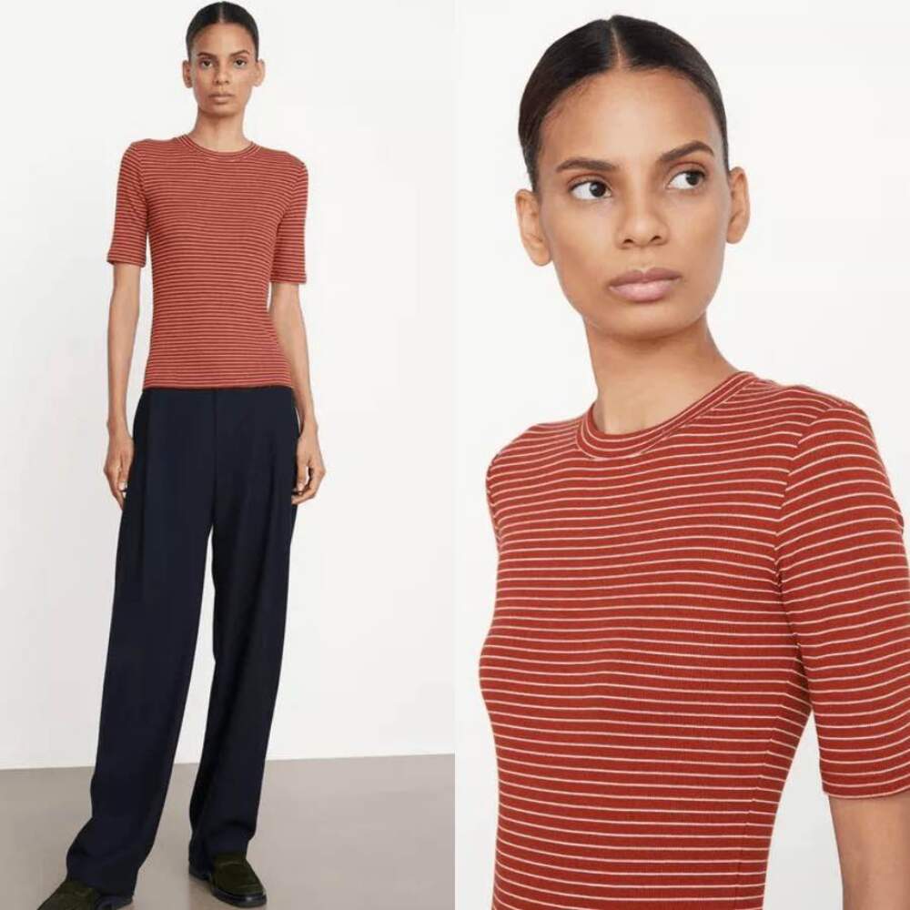 NWT Vince Striped Elbow Sleeve Ribbed Crewneck T-Shirt Top $155 Size S Small